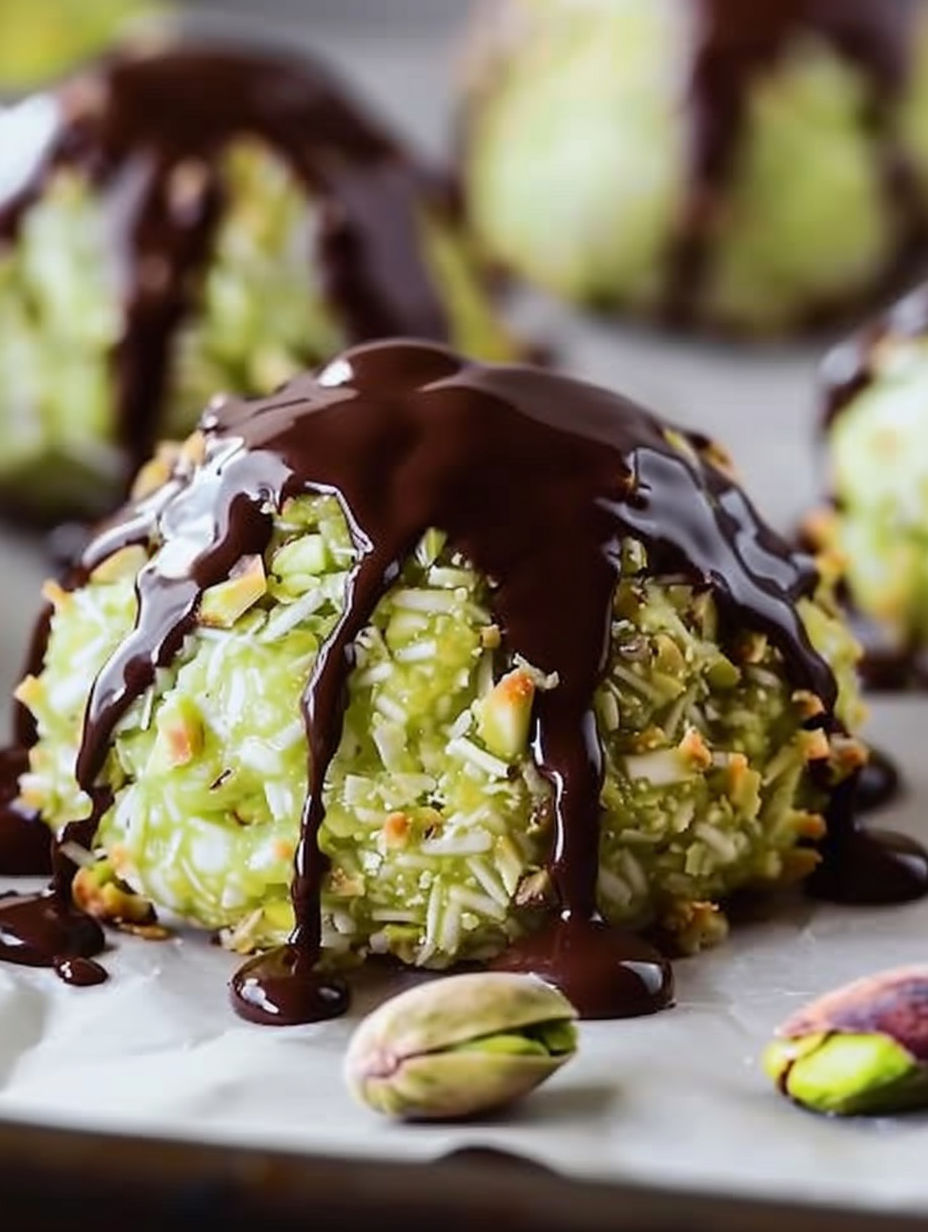 A close up of a chocolate covered pistachio coconut macaroon.
