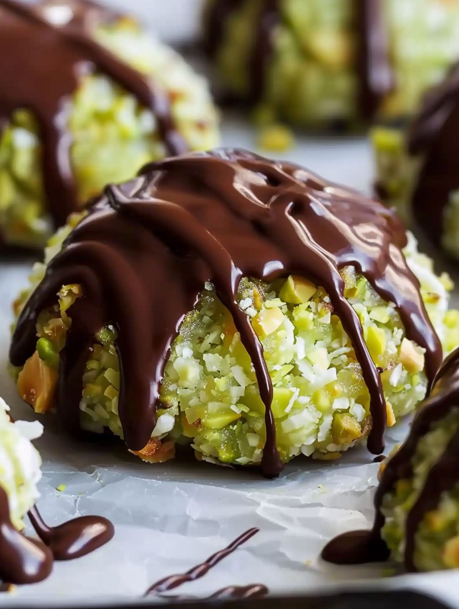 A close up of a chocolate covered pistachio coconut macaroon.