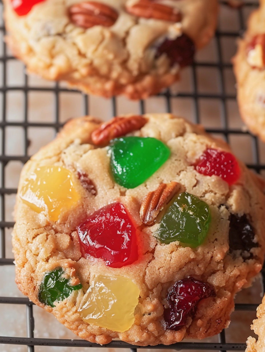 A cookie with green, red, yellow, and orange jelly beans.