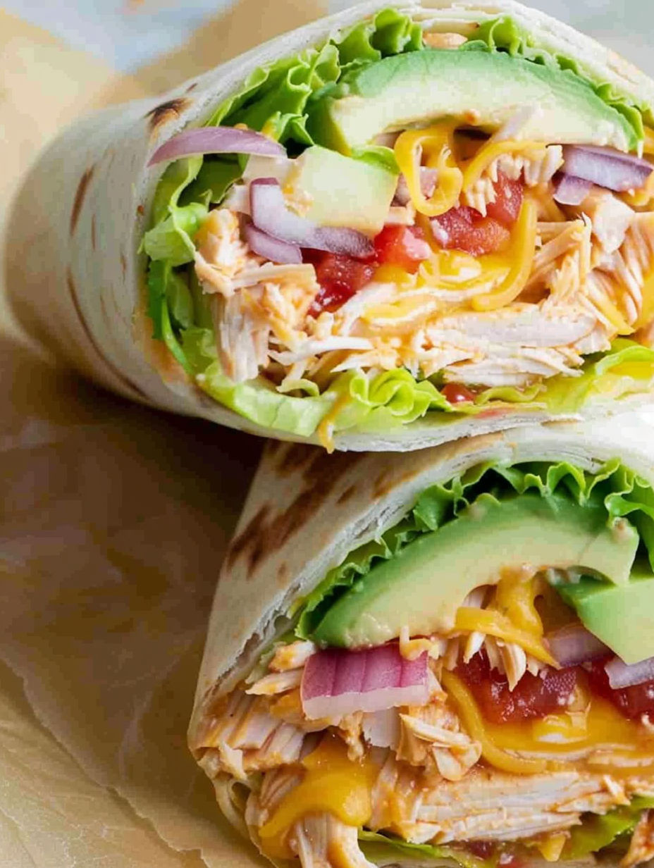 A BBQ chicken wrap with lettuce and tomato.