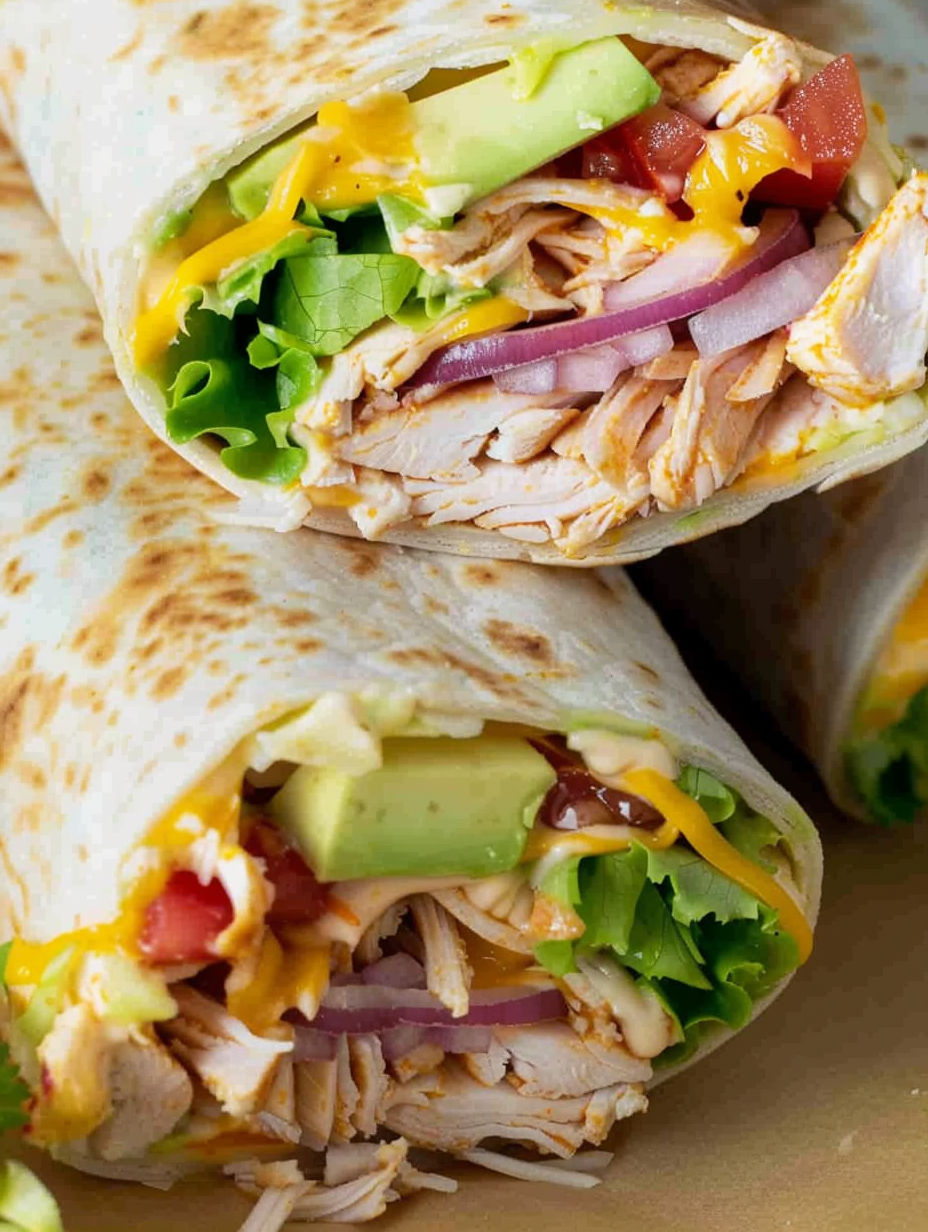 Two BBQ chicken wraps with lettuce and tomato.