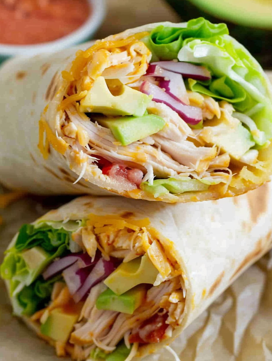 Two BBQ chicken wraps with lettuce and onions.