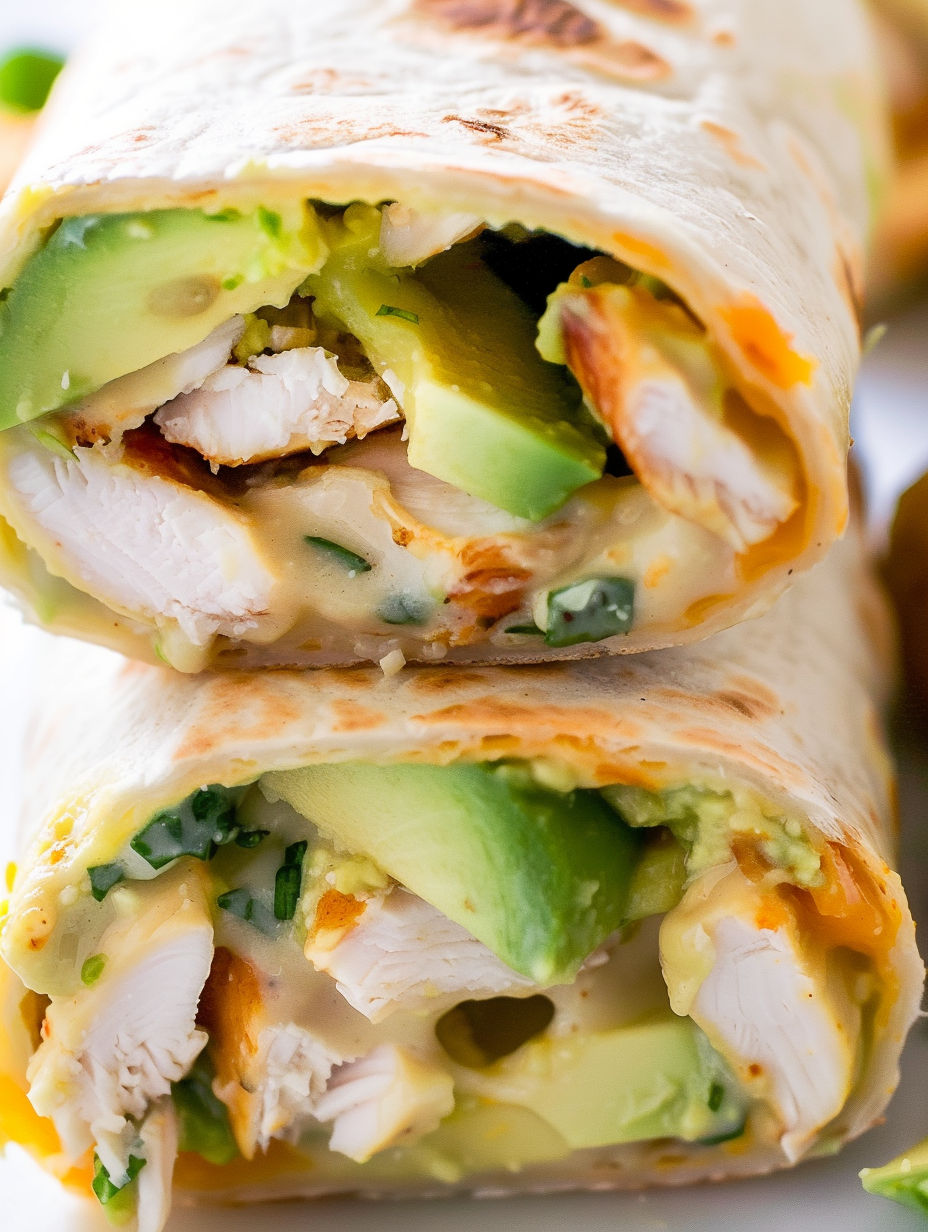 A burrito filled with chicken and avocado.