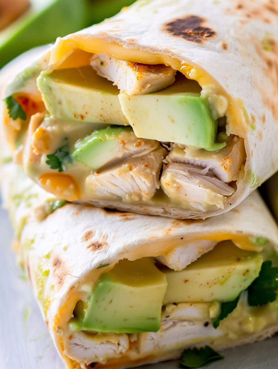 A burrito filled with chicken and avocado.