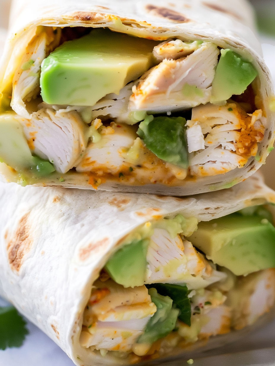 A burrito filled with chicken and avocado.