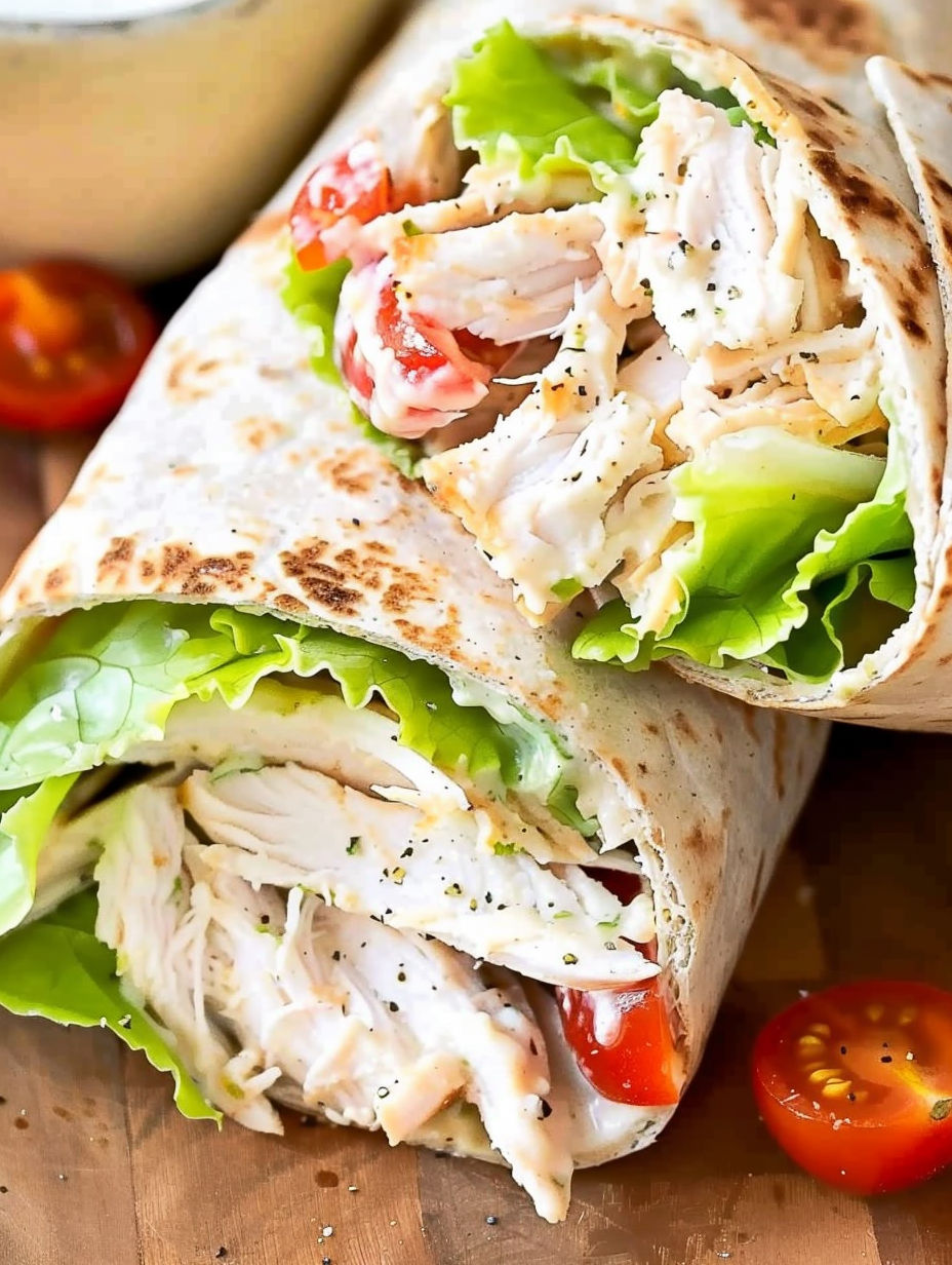 A chicken Caesar salad wrap with lettuce and tomatoes.