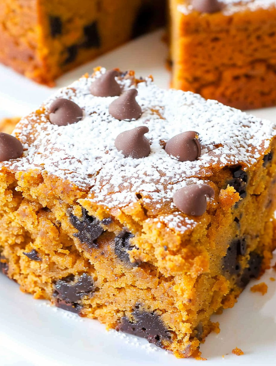 A slice of pumpkin cake with chocolate chips on top.