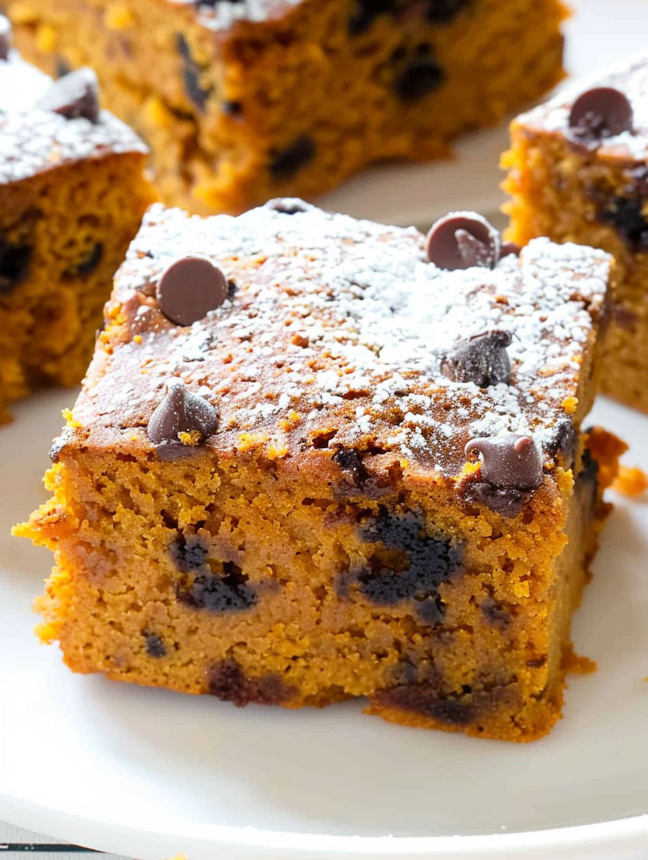 A slice of pumpkin cake with chocolate chips.