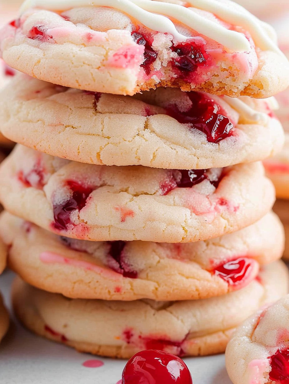 A stack of cookies with cherries on top.