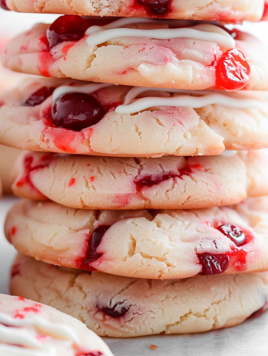 A stack of cookies with red and white frosting.