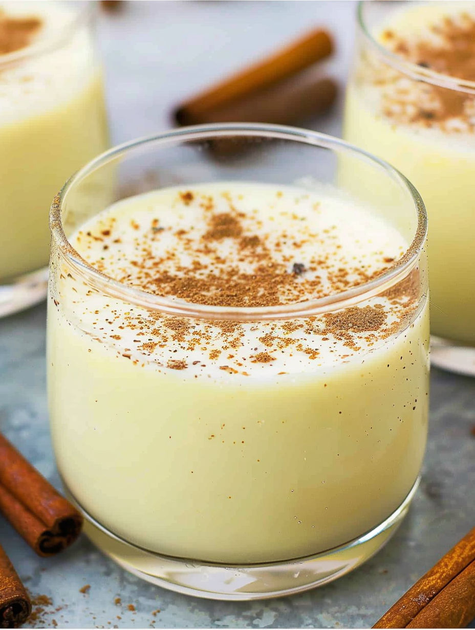 A glass of eggnog with cinnamon on top.