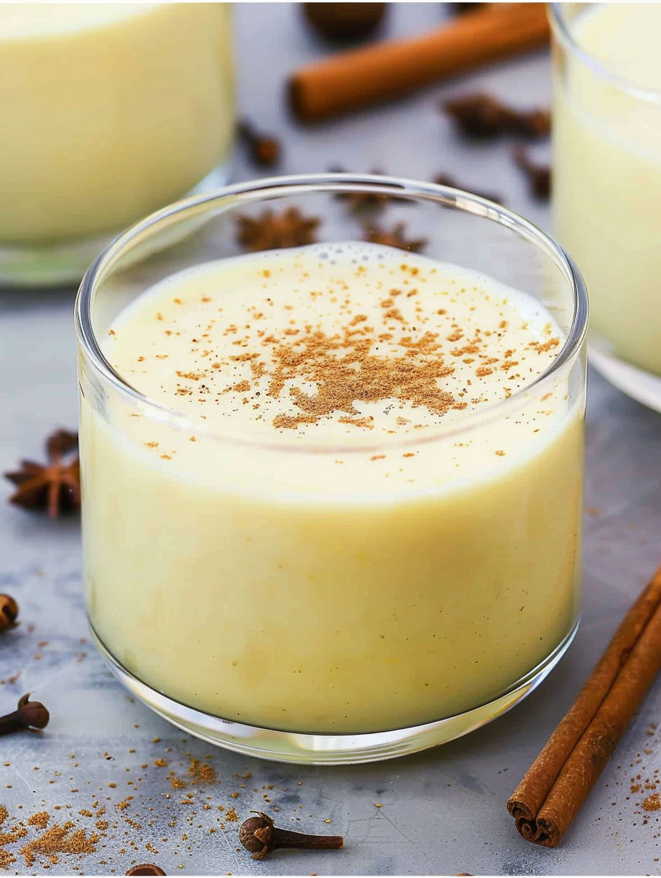 A glass of eggnog with cinnamon sprinkled on top.