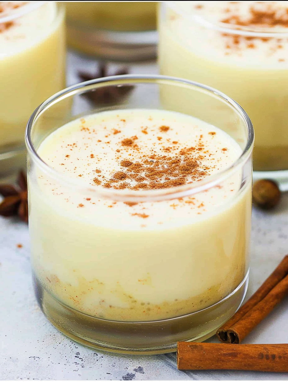 A glass of eggnog with cinnamon on top.