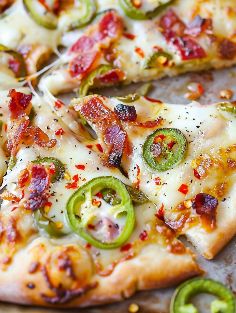 A slice of jalapeño popper pizza.