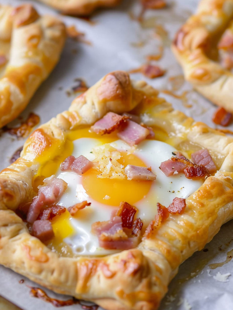 A breakfast hand pie with a fried egg in the center.