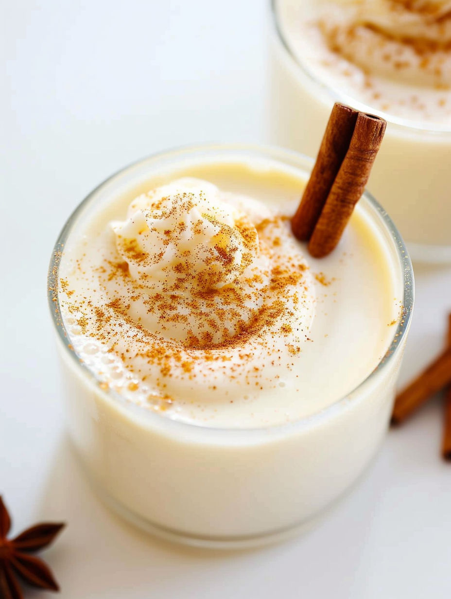 A glass of eggnog with cinnamon sticks in it.