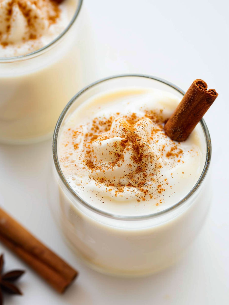 A glass of eggnog with a cinnamon stick in it.