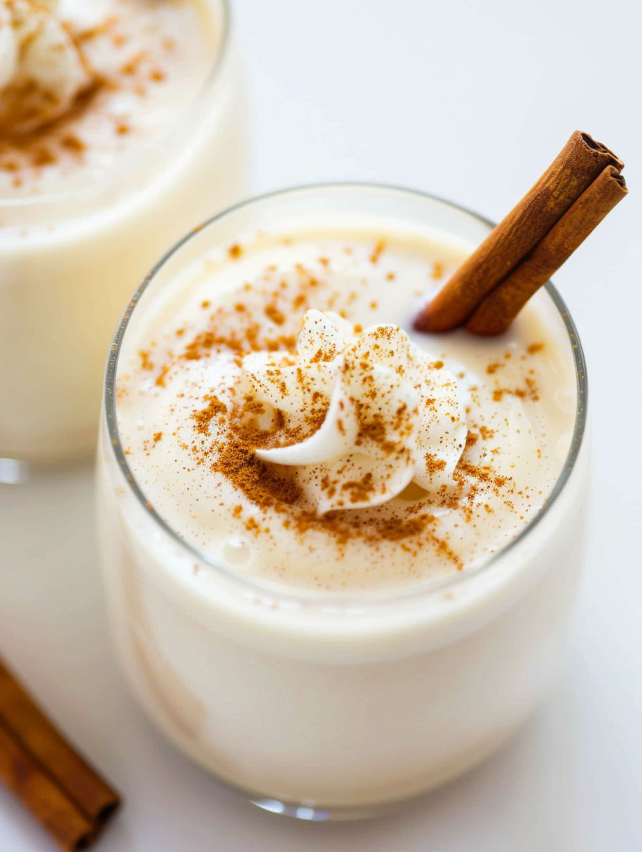 A glass of eggnog with cinnamon on top.