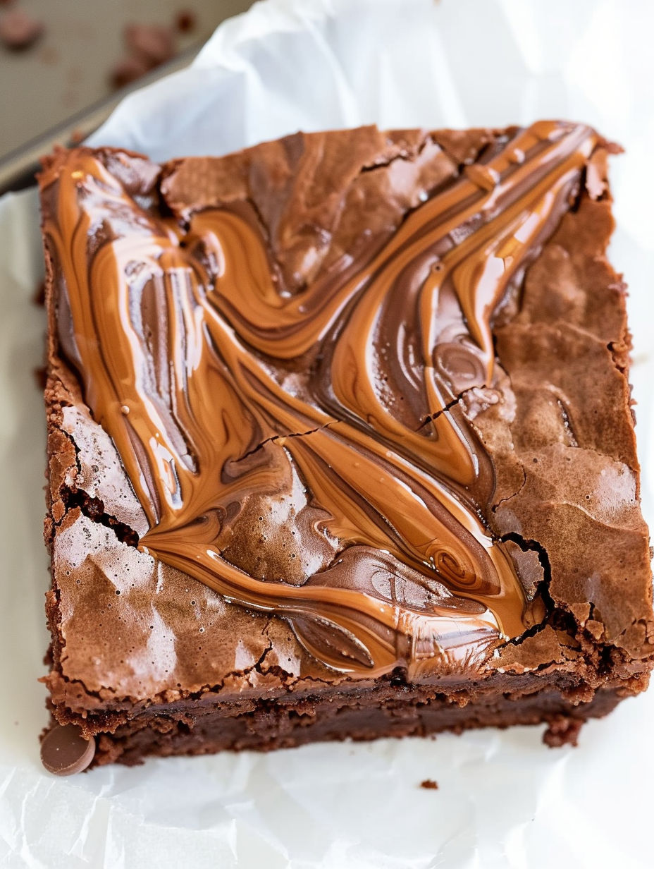 A piece of chocolate cake with Nutella on top.