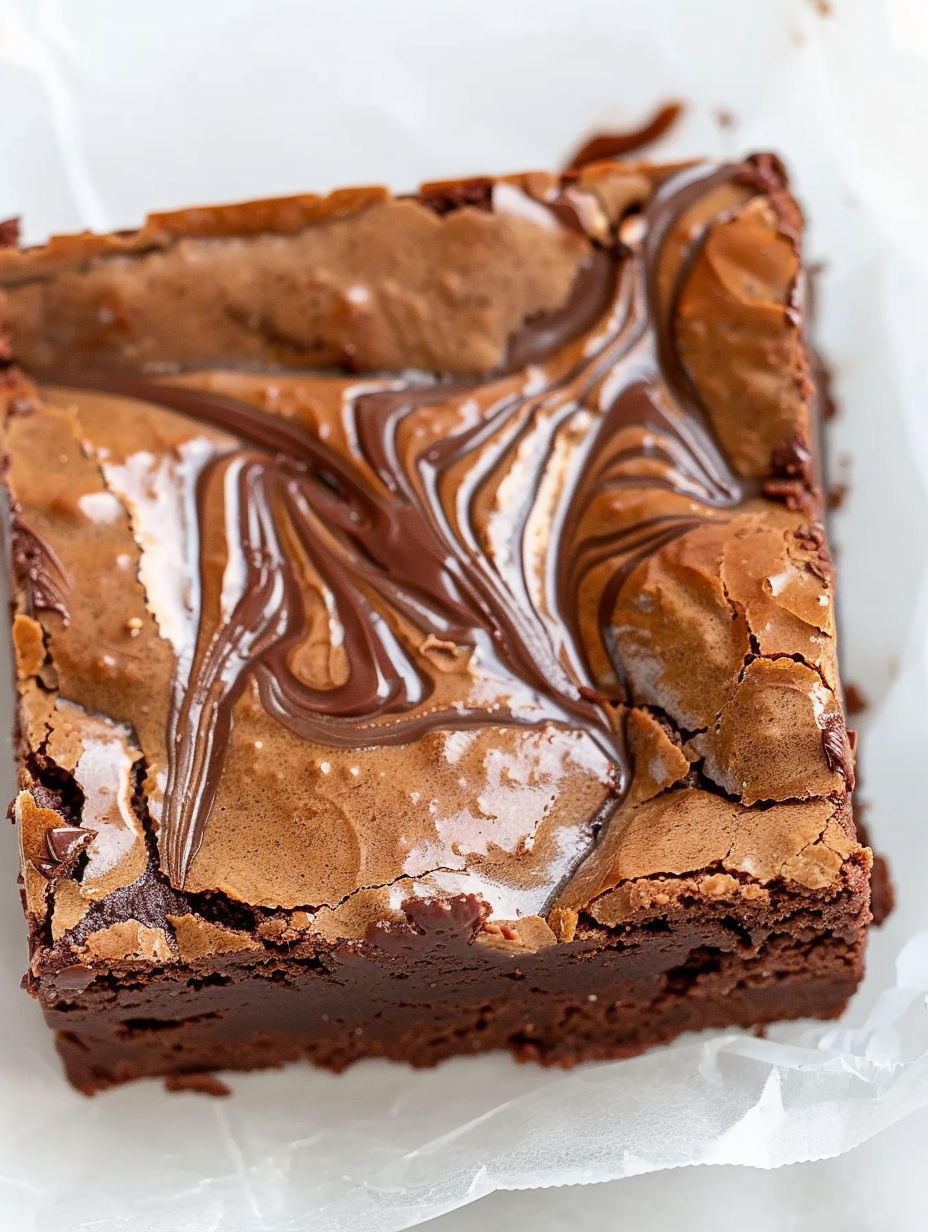 A close up of a chocolate brownie with Nutella drizzled on top.