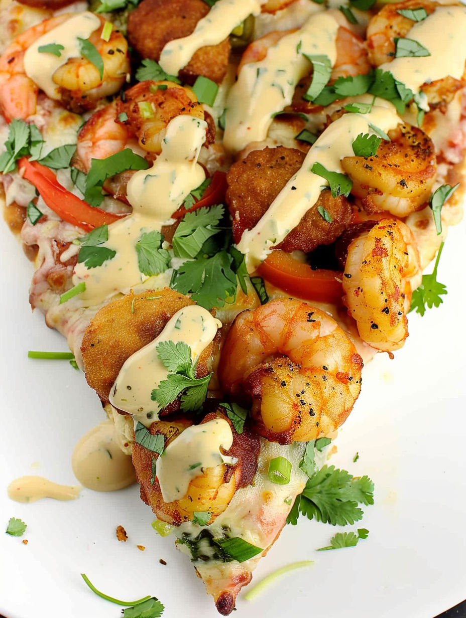 A slice of shrimp po' boy pizza.