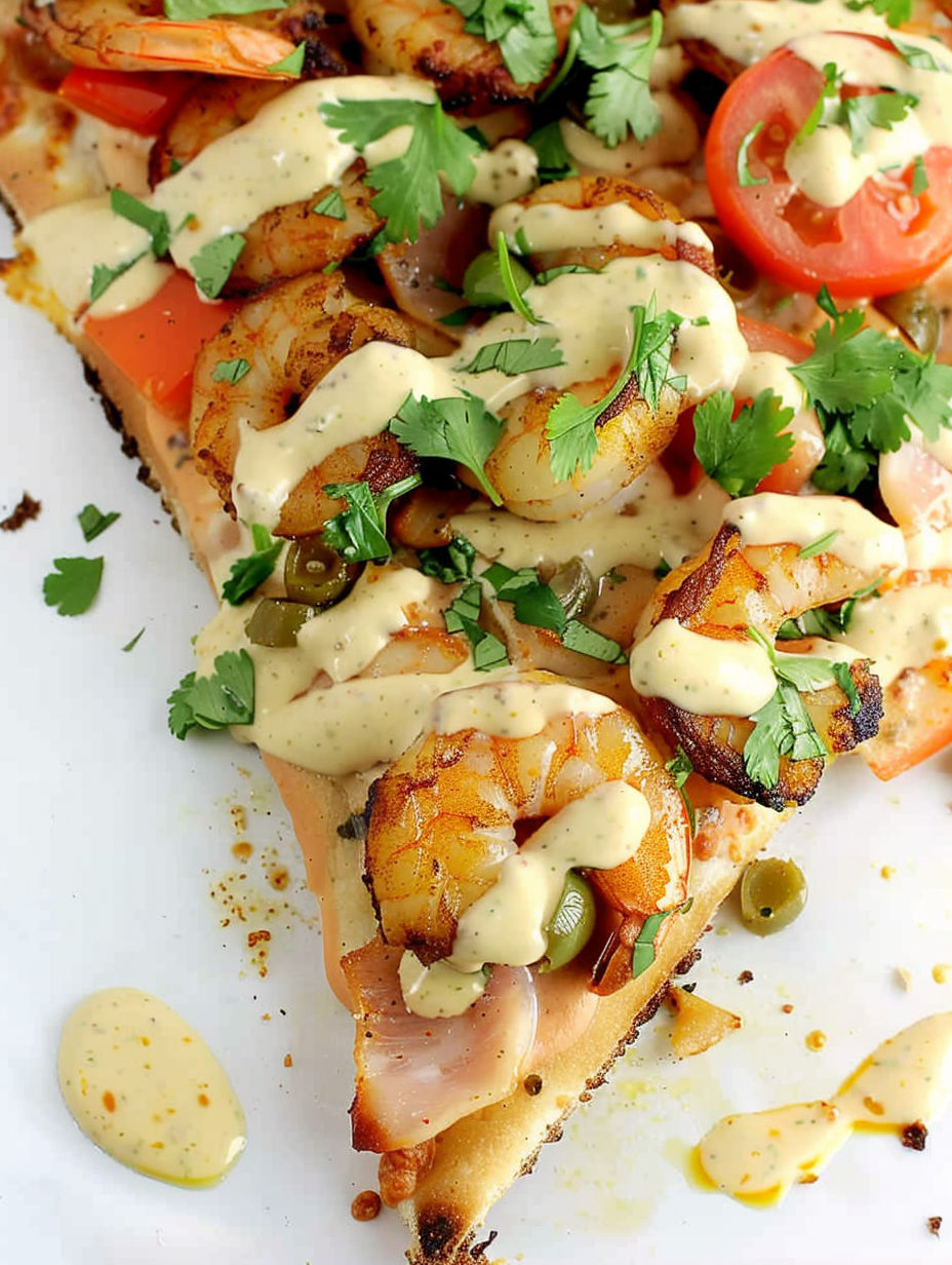 A slice of shrimp po' boy pizza.