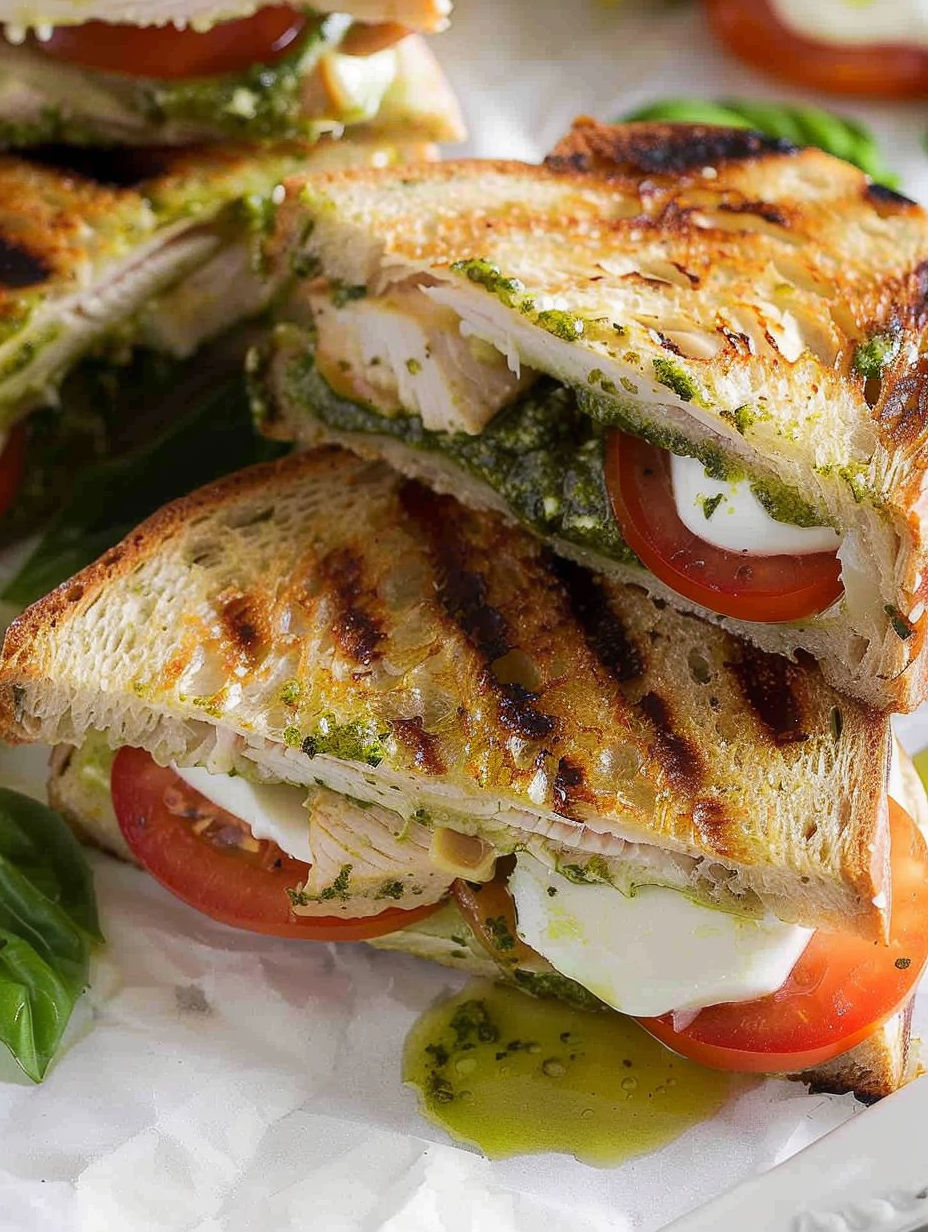 A sandwich with tomatoes and pesto.