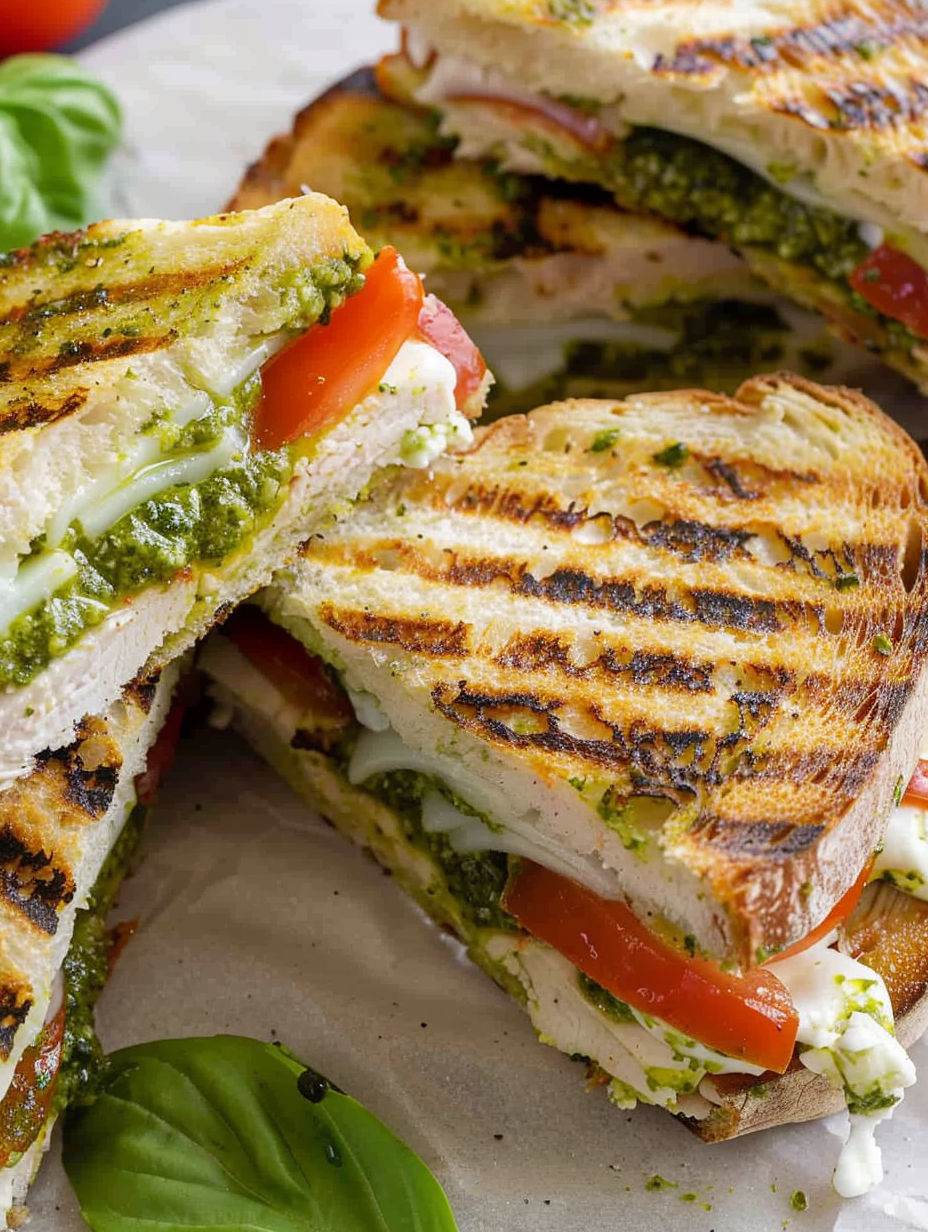 A sandwich with pesto and tomato on it.