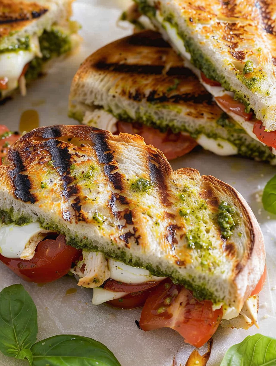 A sandwich with chicken and pesto on it.