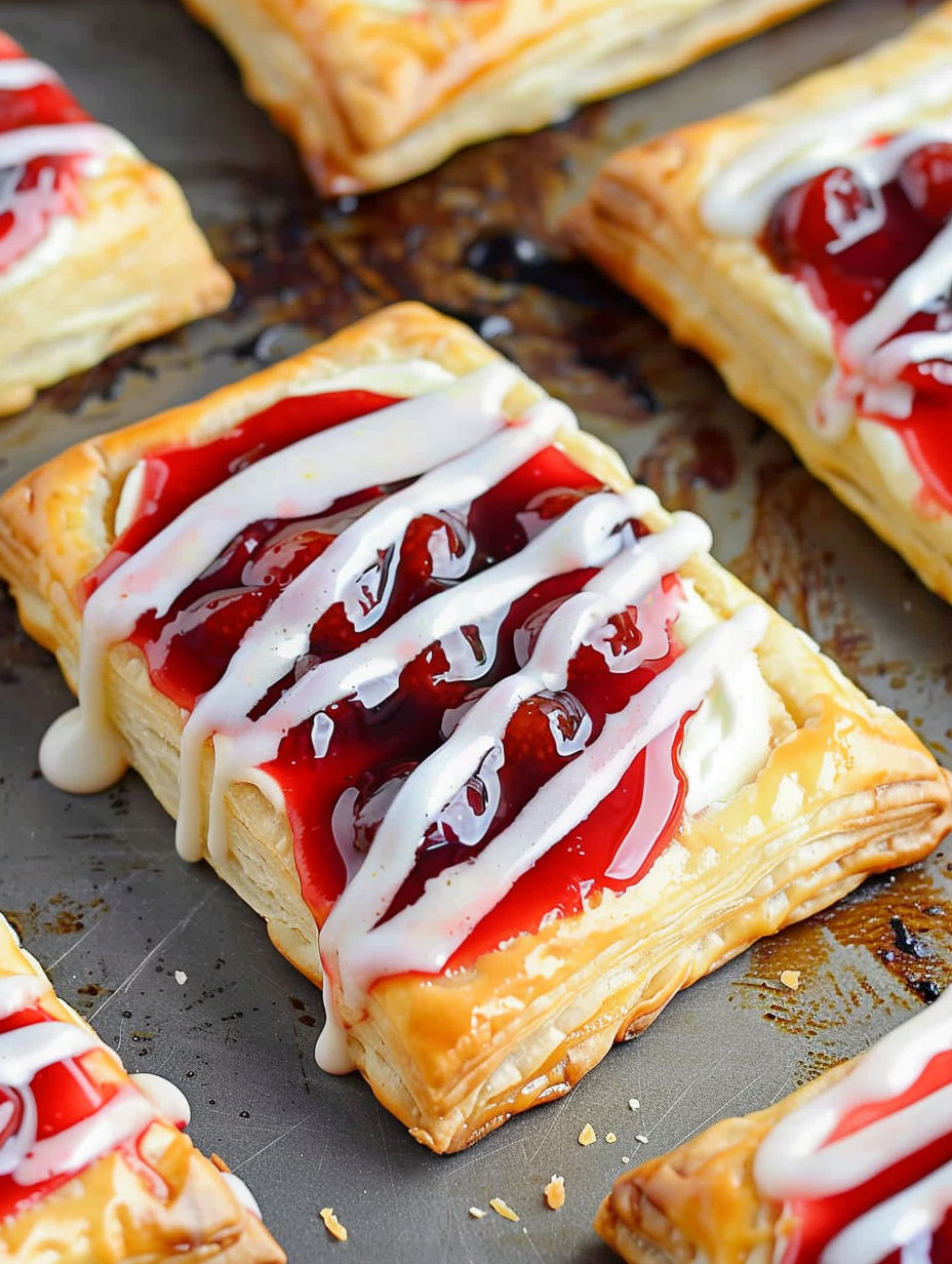 A pastry with white frosting and cherries.