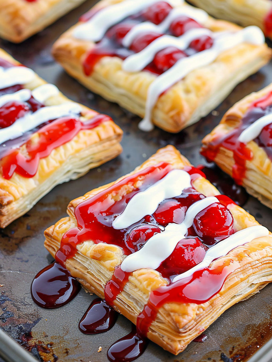 A close up of a cherry danish with white icing.