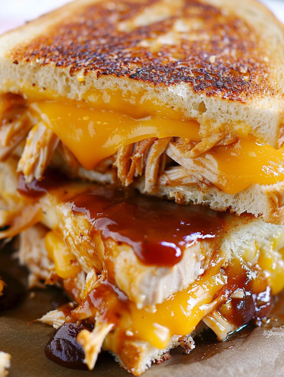 A grilled cheese sandwich with BBQ chicken.
