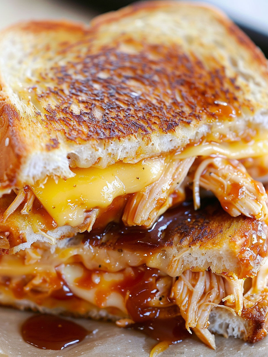 A grilled cheese sandwich with BBQ chicken inside.