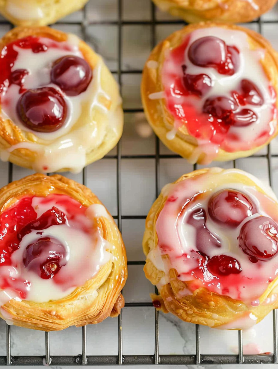 Four Danish pastries with cherries on top.