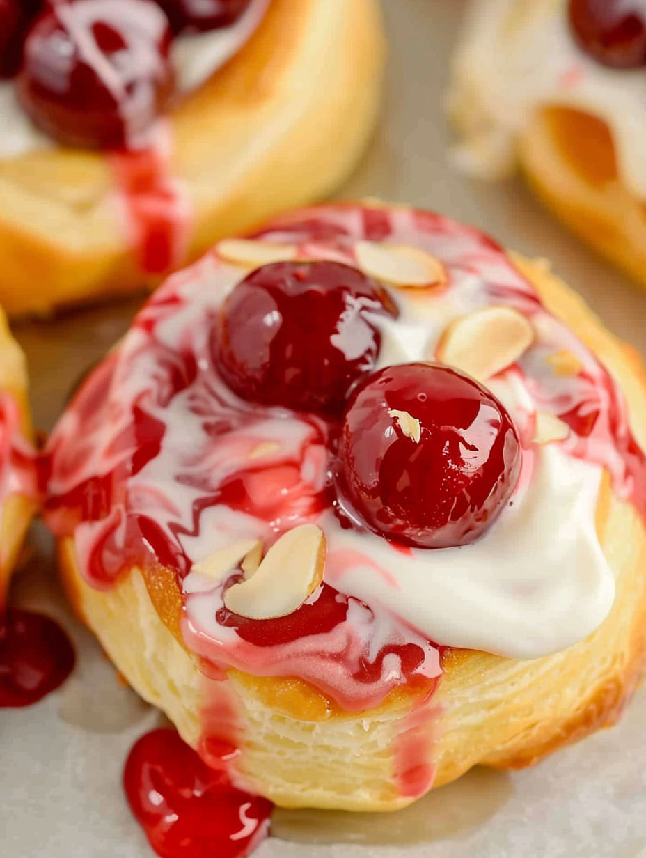 A close up of a cherry danish with white frosting.