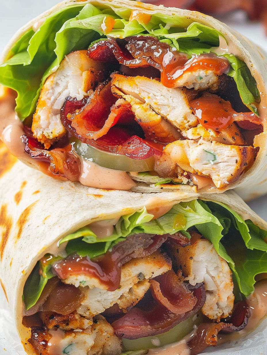 A BBQ chicken wrap with bacon and lettuce.