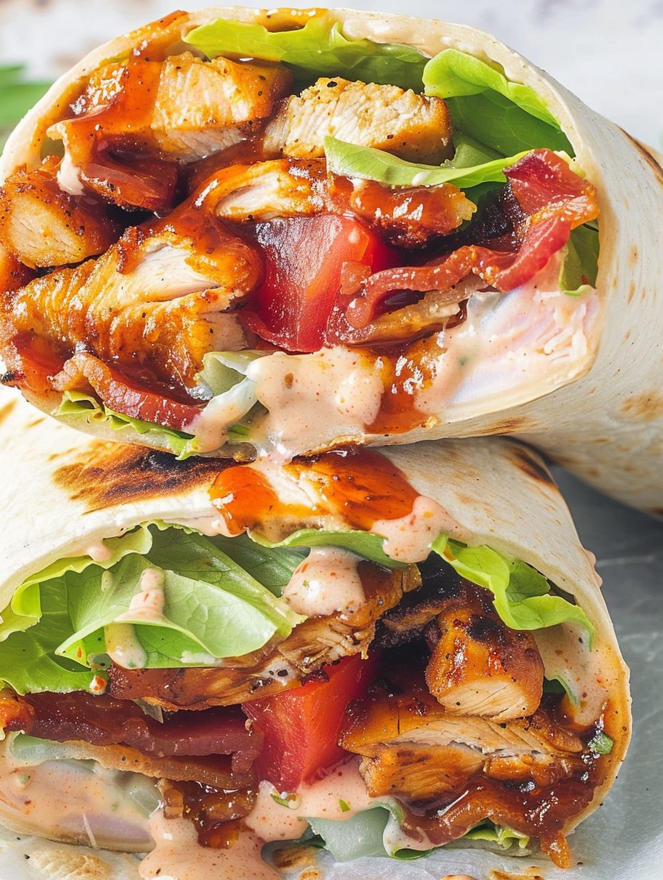 A BBQ chicken wrap with lettuce and tomato.