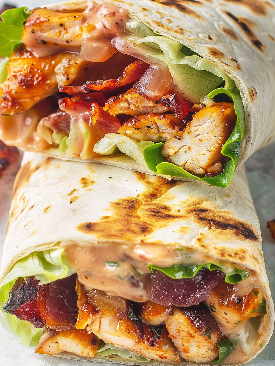 A BBQ chicken wrap with lettuce and bacon.