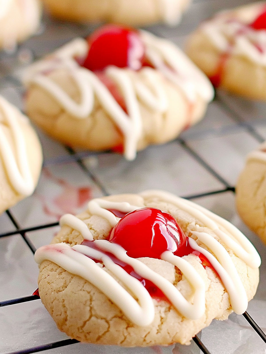 A batch of cookies with white icing and red cherries.