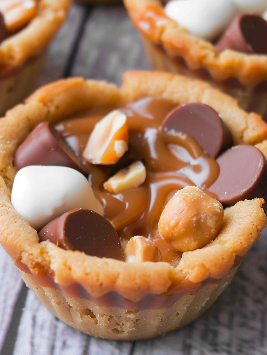 A cookie cup filled with peanut butter, chocolate, and caramel.