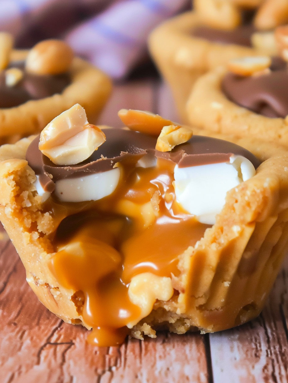 A close up of a caramel peanut butter cookie cup.