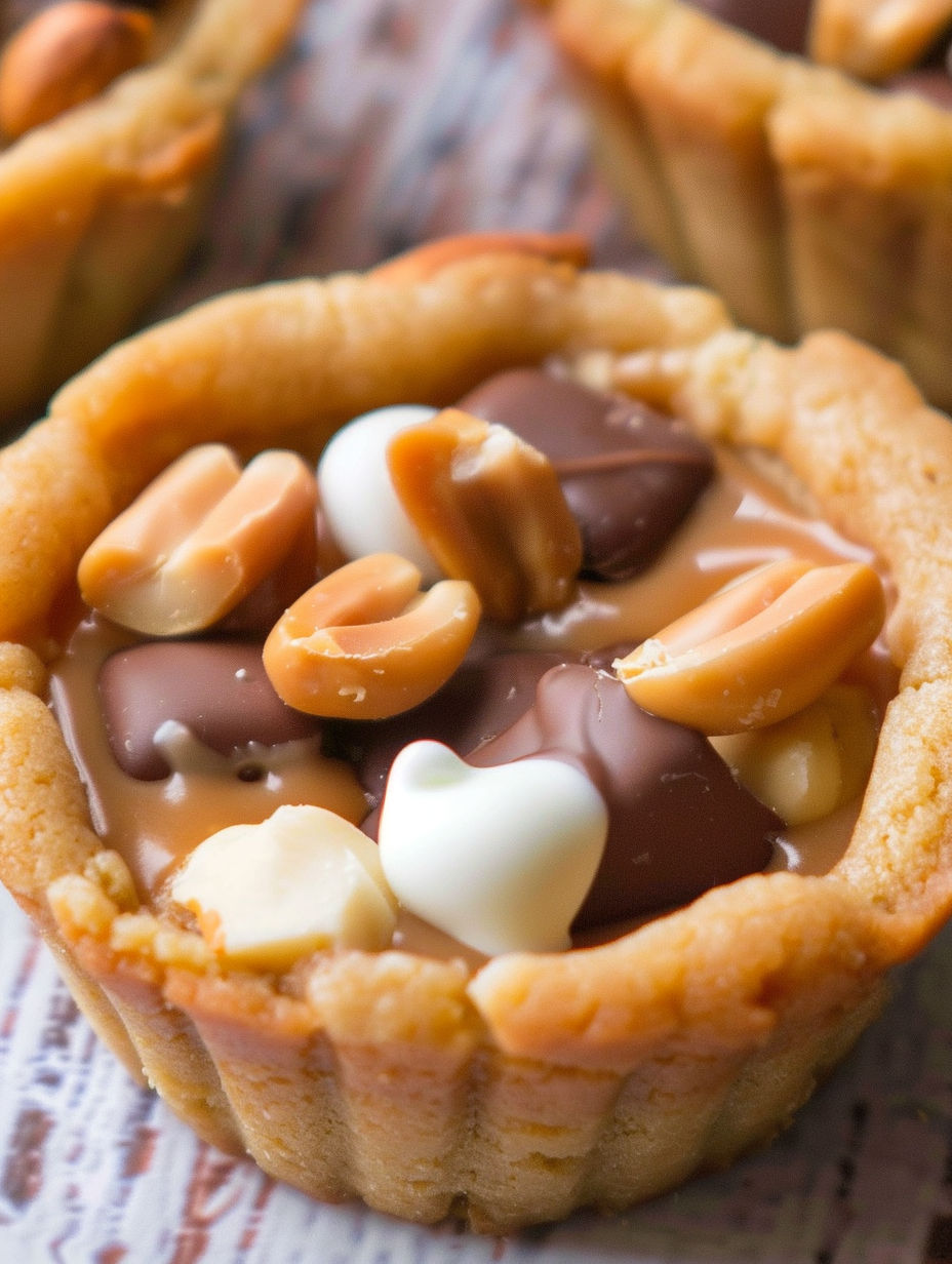 A close up of a cookie cup filled with peanut butter and chocolate.