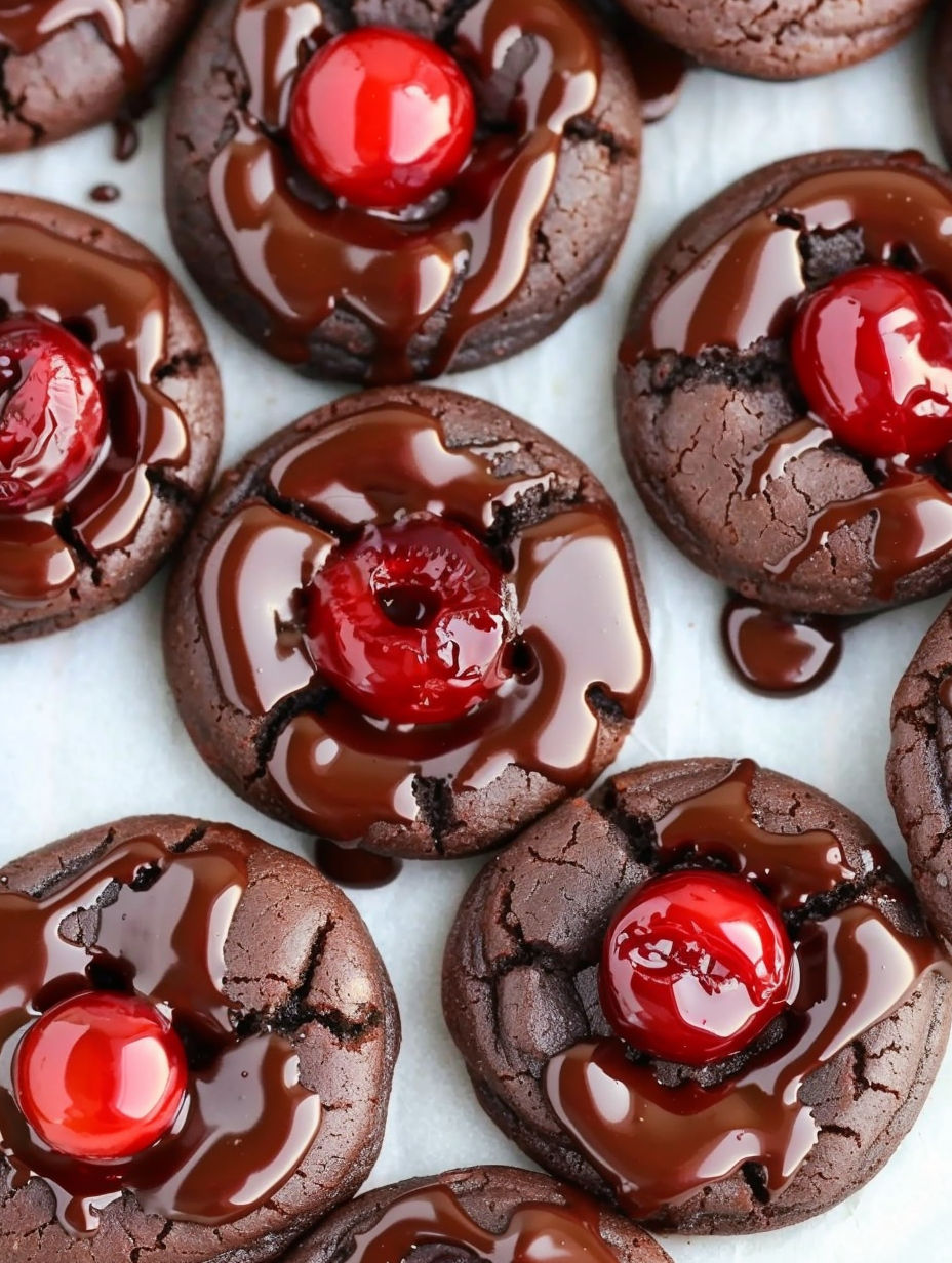 Chocolate cookies with cherries on top.