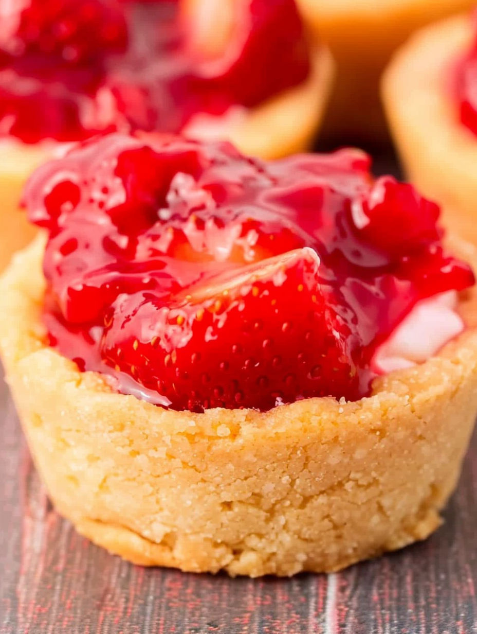 A close up of a strawberry pie cookie cup.
