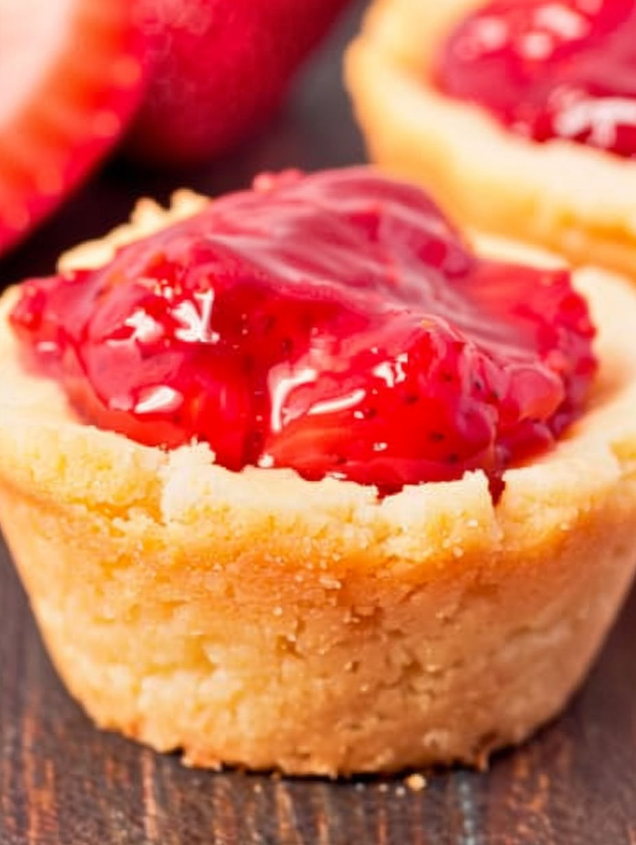 A close up of a cookie cup with strawberry jam.