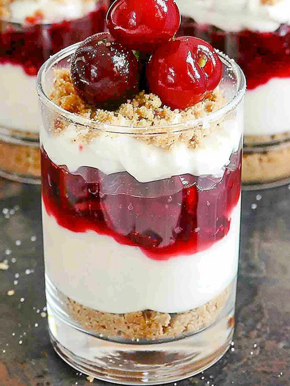 A glass of cherry cheesecake parfait.