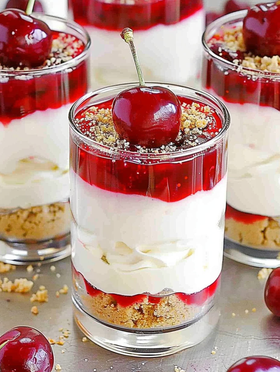 A glass of cherry cheesecake parfait.