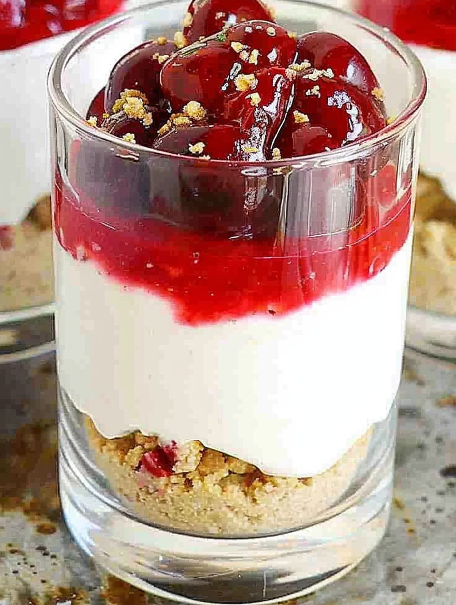 A glass of cherry cheesecake parfait.