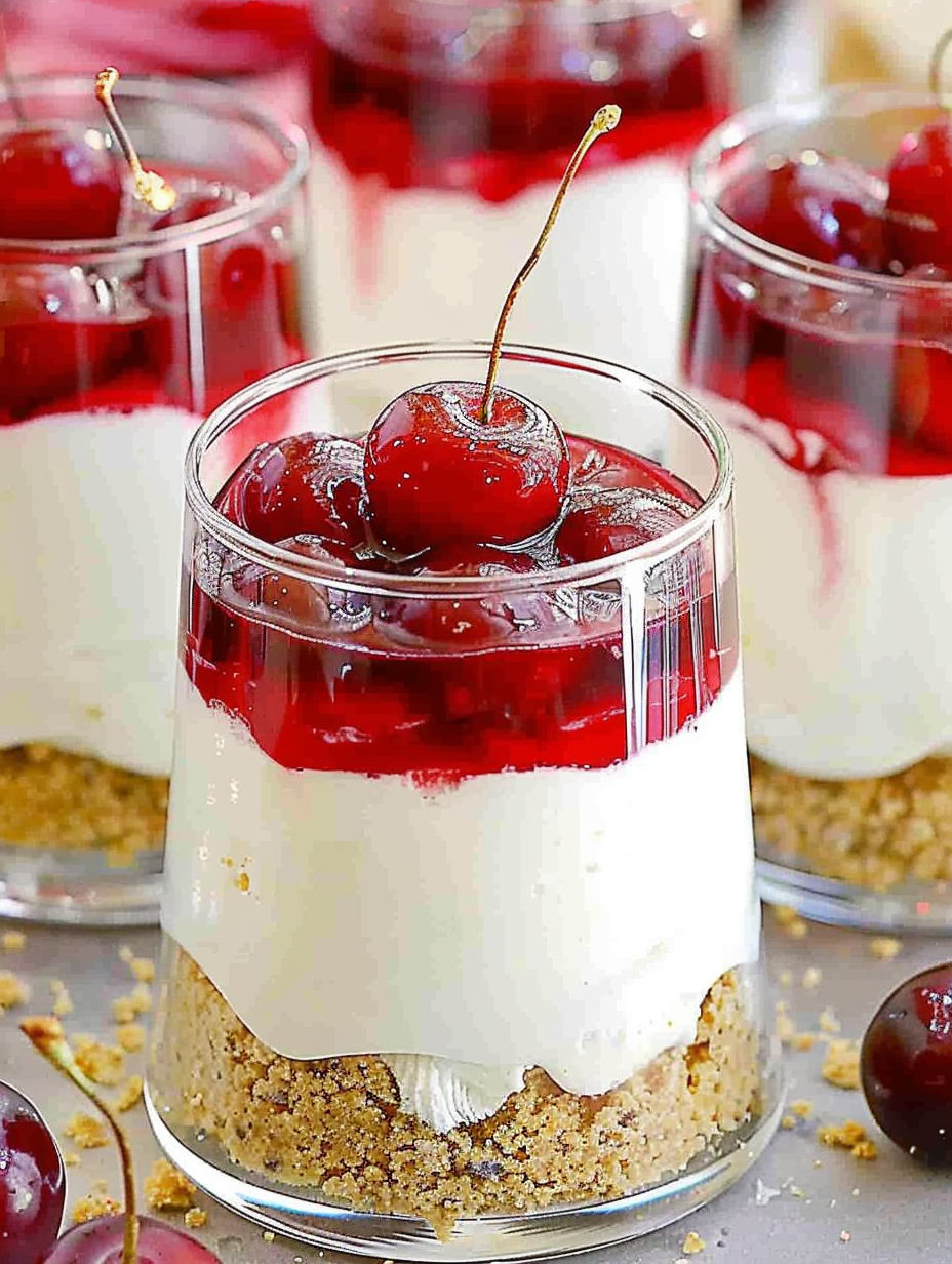 A glass of cherry cheesecake parfait.