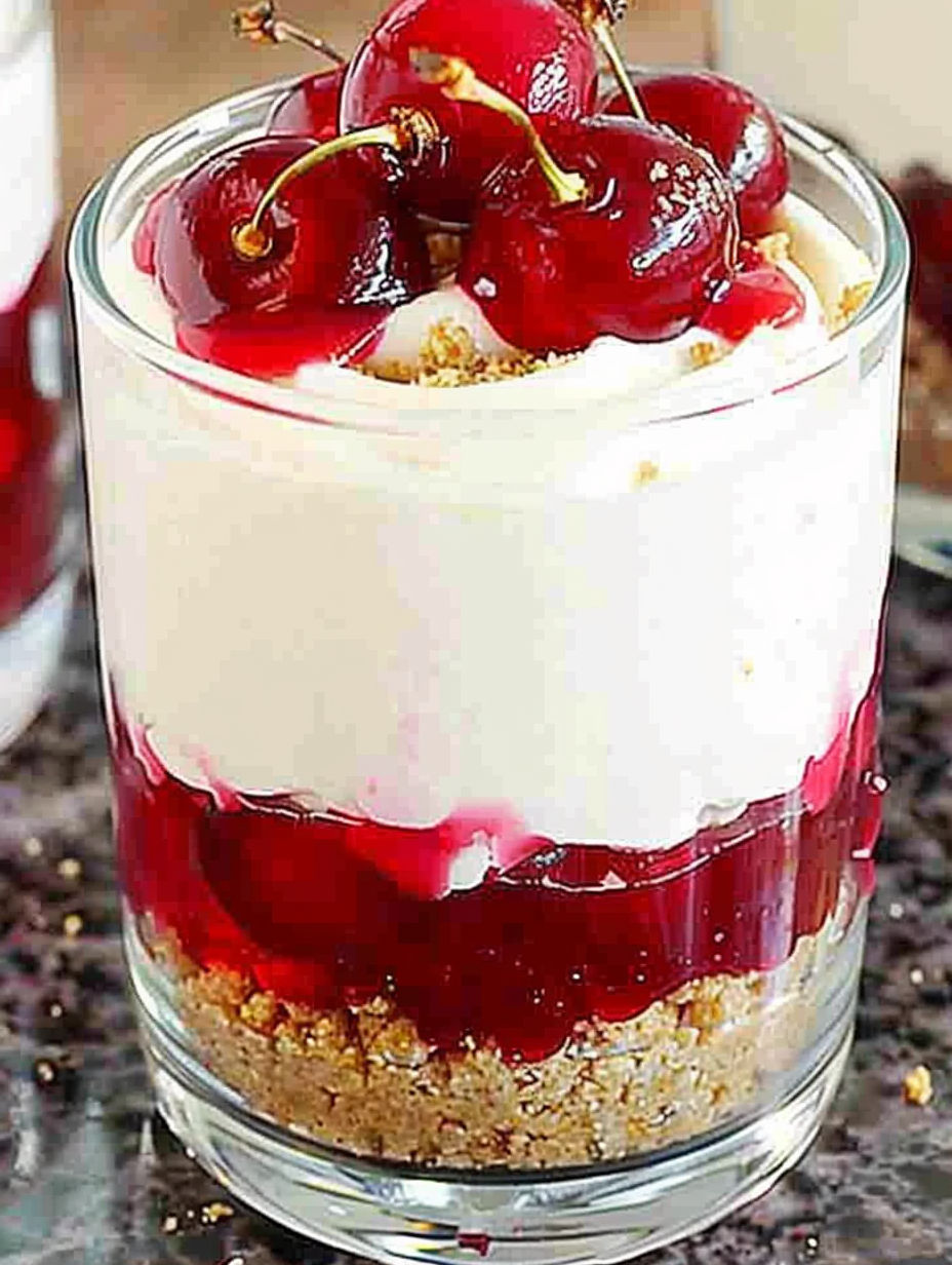 A glass of cherry cheesecake parfait.